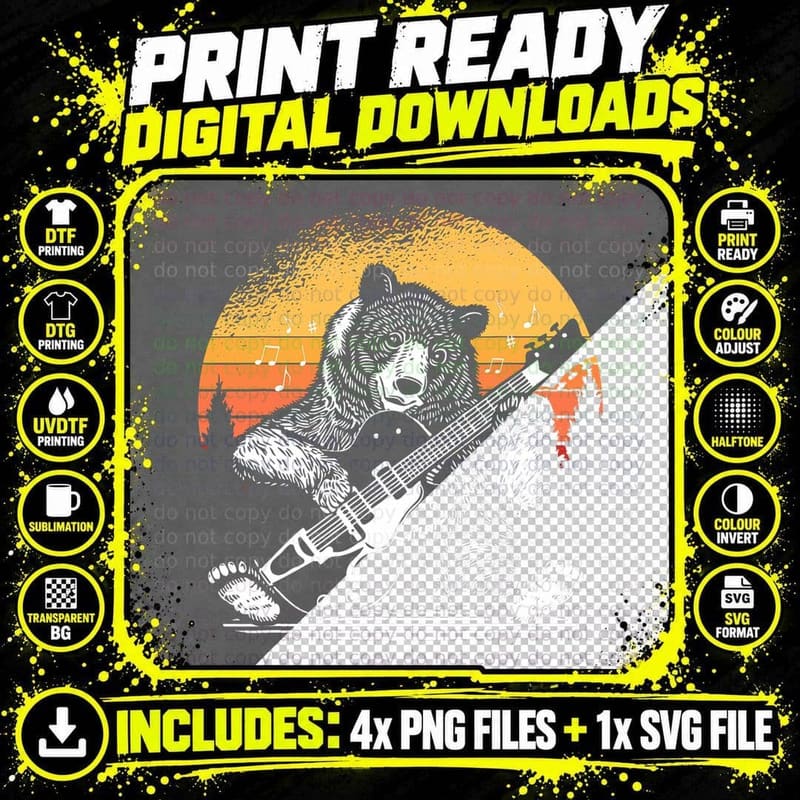 Bear Playing Guitar Funny Vintage Retro Guitarist, Men Png SVG Digital Bundle