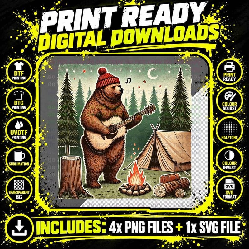 Bear Playing Guitar Near Campfire Outdoor Adventure Png SVG Digital Bundle