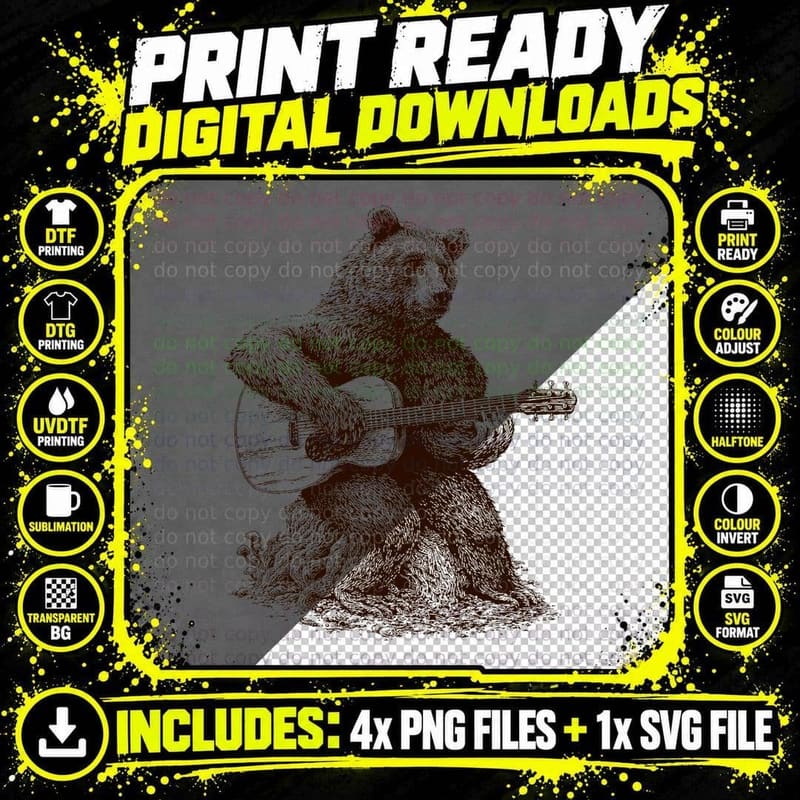 Bear Playing Guitar Players Music Gift Dad Rock N Roll Png SVG Digital Bundle