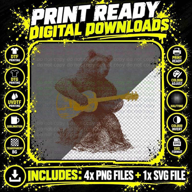 Bear Playing Guitar for Men Women T-Shirt Png SVG Digital Bundle