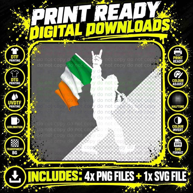 Bigfoot Rock and Roll on St Patricks Day with Irish Flag Png SVG Digital Bundle