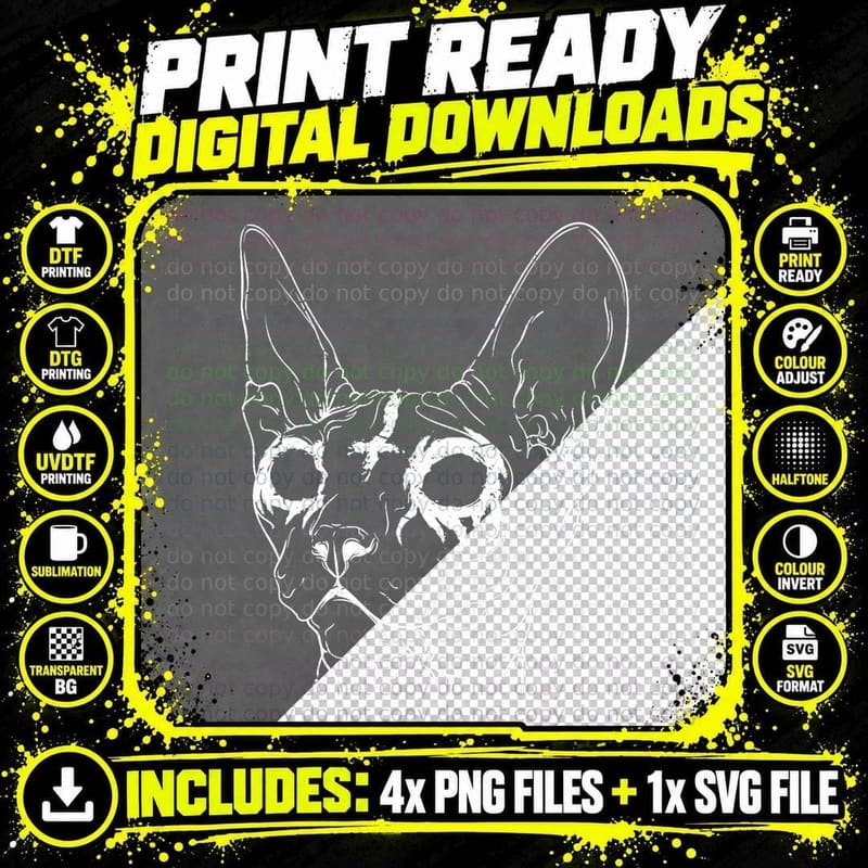 Black Metal Sphynx Cat I Goth and Death Metal Png SVG Digital Bundle
