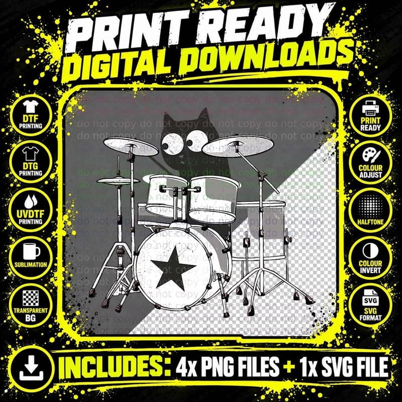 Cat Drummer Funny Band Playing Kitty Punk Rockstar Png SVG Digital Bundle