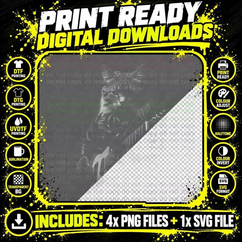 Cat Electric Guitar, Music Lovers, Rocker Style Png SVG Digital Bundle