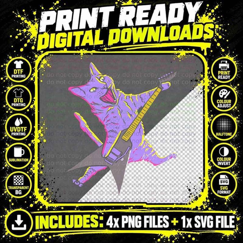 Cat Playing Guitar T-Shirts Punk Music Cat Guitar Player Png SVG Digital Bundle