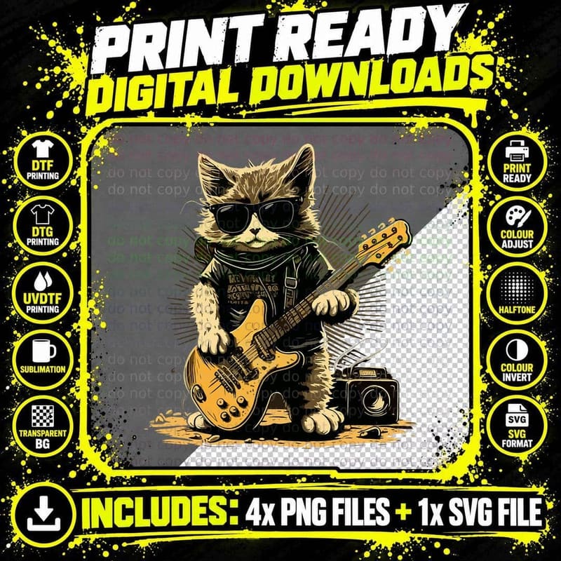Cat Wearing Sunglasses Playing Guitar Guitarist Png SVG Digital Bundle