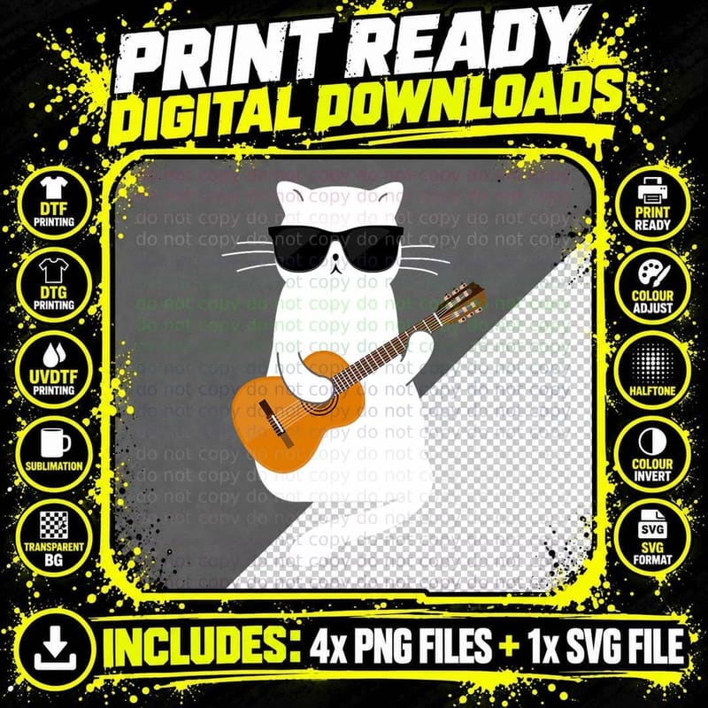 Cat Wearing Sunglasses Playing Guitar Guitarist Png SVG Digital Bundle