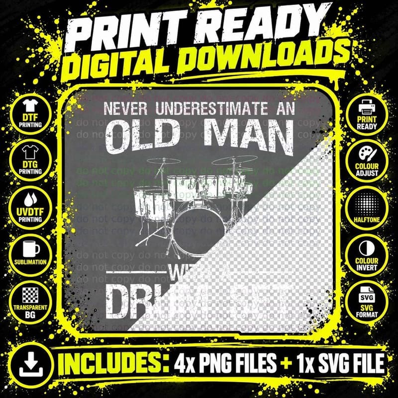Cool Drummer Art Men Dad Drum Set Player Drum Kit Png SVG Digital Bundle