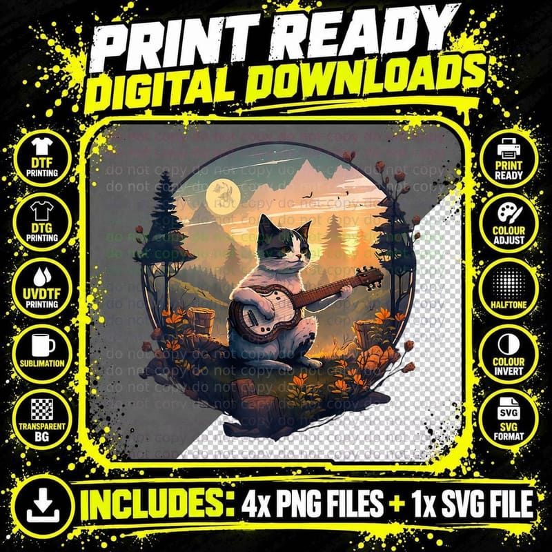 Cottagecore Aesthetic - Cat Playing Guitar - Camping Png SVG Digital Bundle
