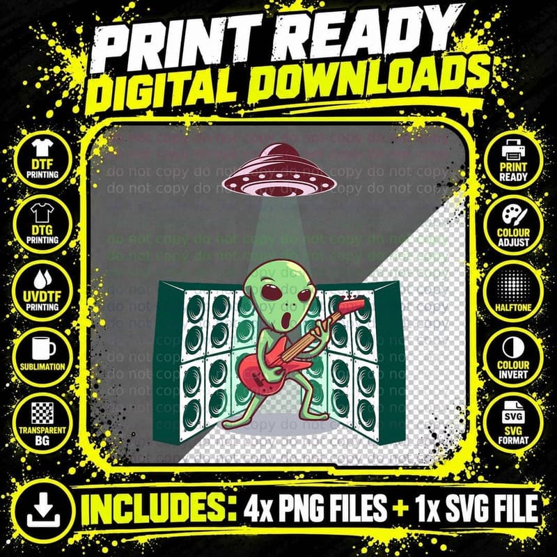 Cute Guitar Playing Alien and UFO Funny Rocking Guitar Png SVG Digital Bundle