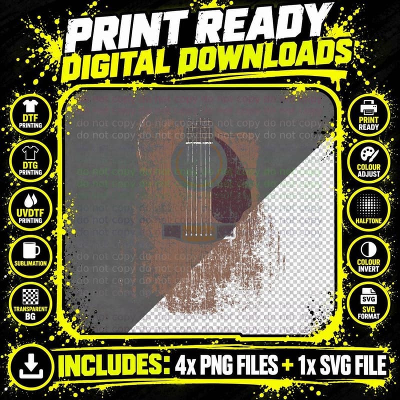 Distressed Acoustic Guitar Vintage Player Rock & Roll Png SVG Digital Bundle