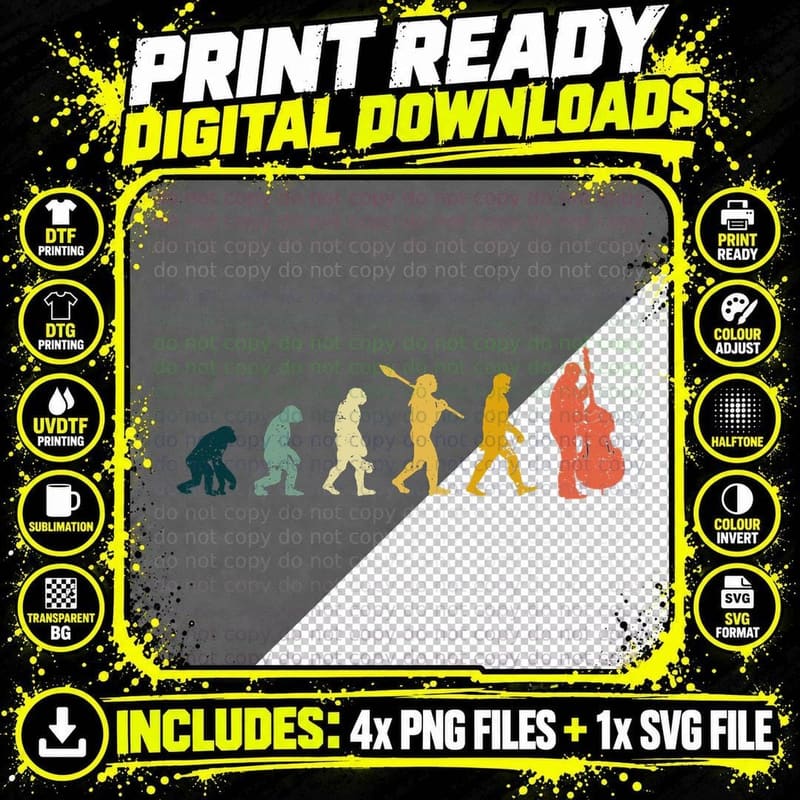 Double Bass Player Evolution Funny Music Band Png SVG Digital Bundle