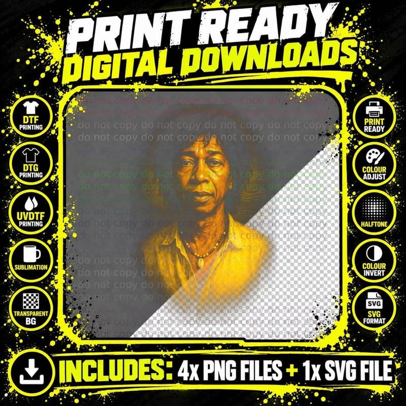 Dreadlock Musician T-Shirt, Halftone Reggae Portrait Png SVG Digital Bundle