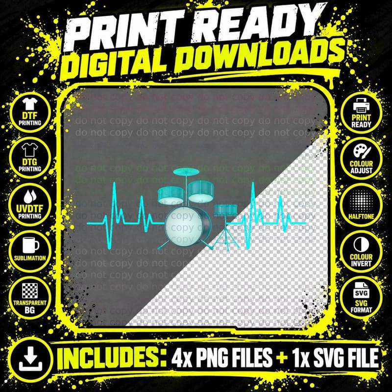 Drummer Drums Heartbeat Drumstick Drumset Music Lover Png SVG Digital Bundle