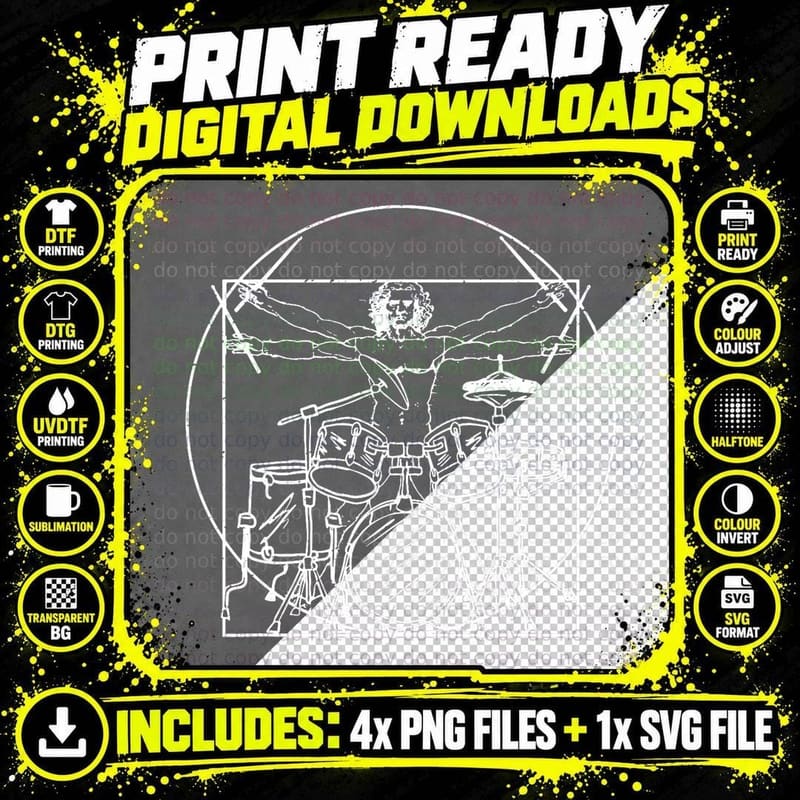 Drummer Gift Da Vinci Drums Drawing Present for Music Png SVG Digital Bundle