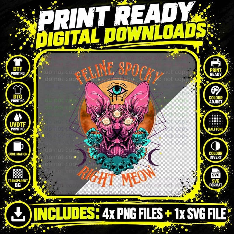 Edgy Rock Goth Metalhead Art with Sphynx Hairless Cat Png SVG Digital Bundle