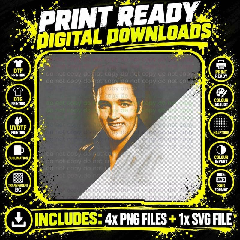 Elvis Presley T-Shirt, Halftone Rock and Roll Portrait Png SVG Digital Bundle