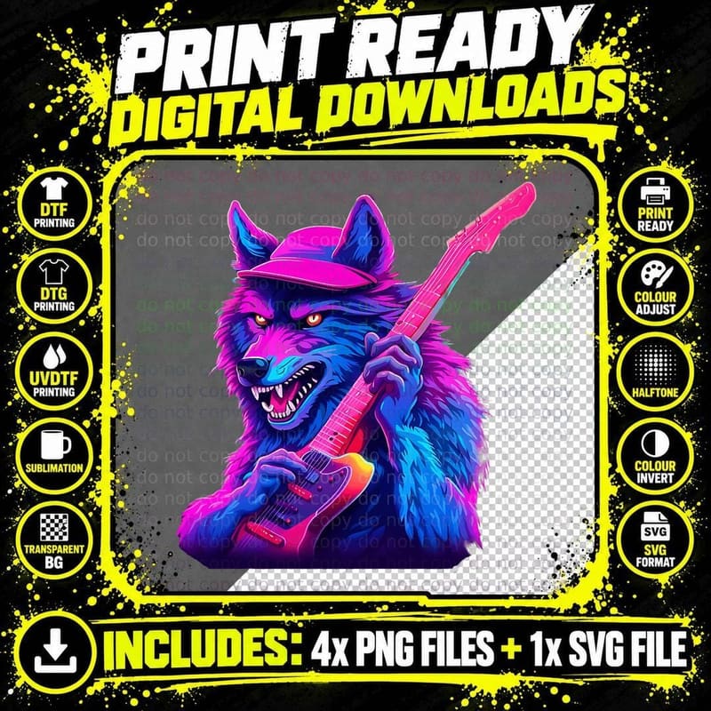 Fantasy Cute Wolf Playing Guitar, Music Lovers, Animal Png SVG Digital Bundle