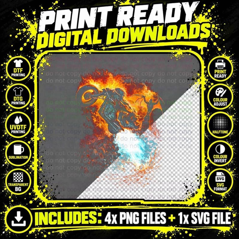 Flaming Lion Motorcycle T-Shirt, Halftone Rock Album Png SVG Digital Bundle