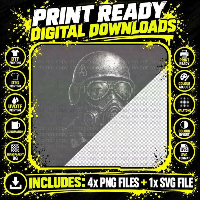 Gas Mask Soldier T-Shirt, Halftone Dark Rock Graphic Tee Png SVG Digital Bundle