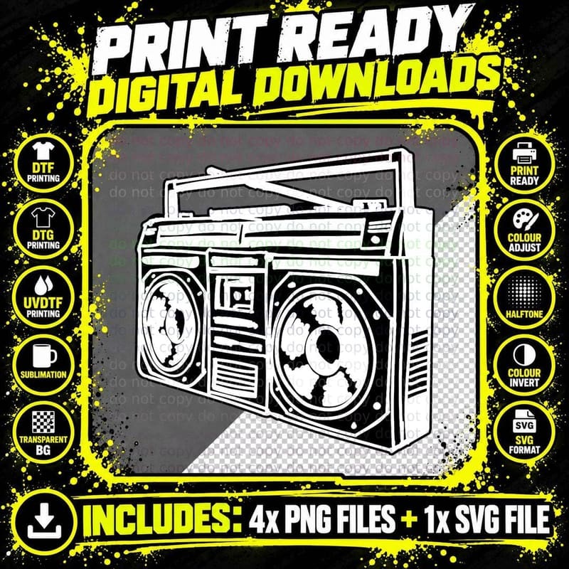 Ghetto Blaster 80's 90's Hip Hip Rap T-Shirt Png SVG Digital Bundle