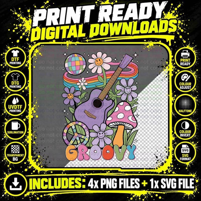 Groovy Hippie T-Shirt, Hippie Guitar Flowers Peace Sign Png SVG Digital Bundle