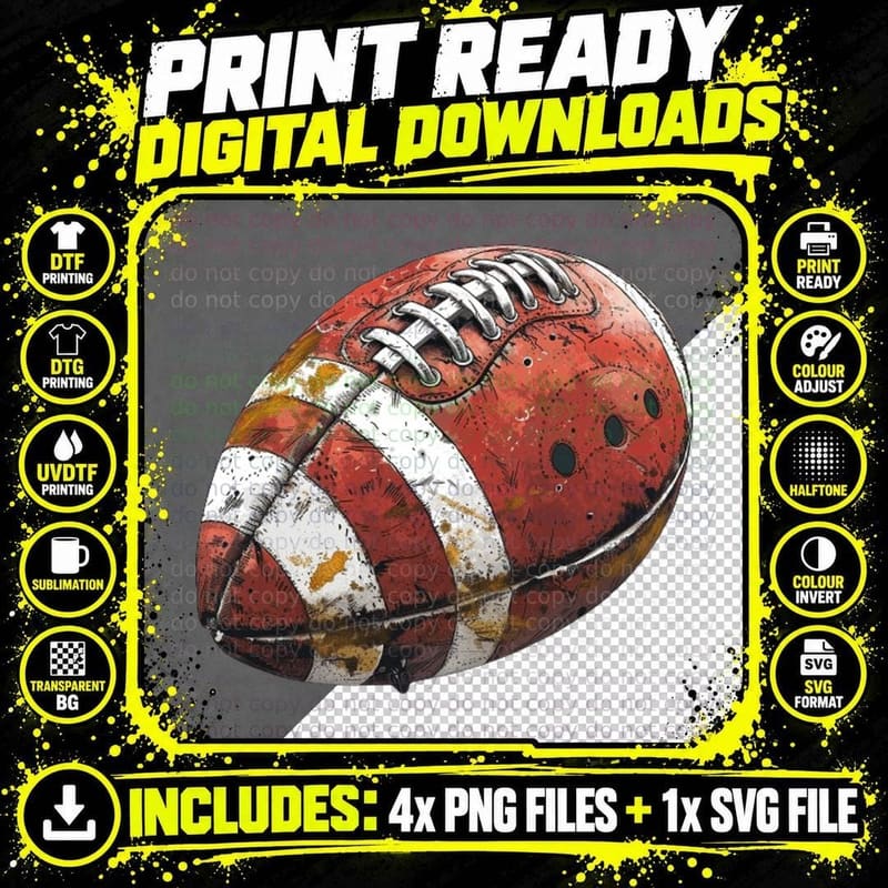 Grunge Football with Splatters Football T-Shirt Png SVG Digital Bundle