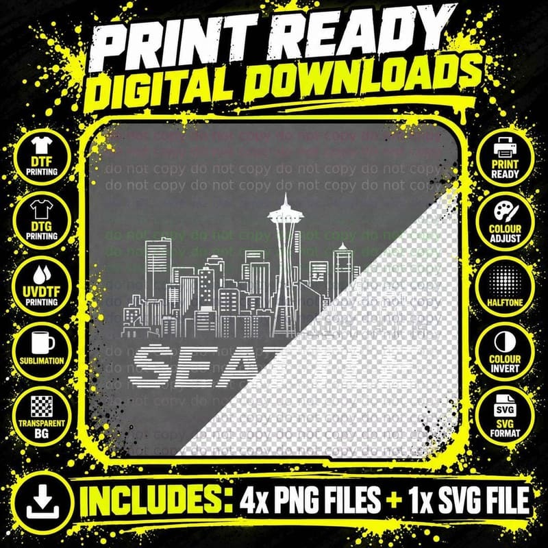 Grunge Seattle Skyline Distressed Look Design T-Shirt Png SVG Digital Bundle