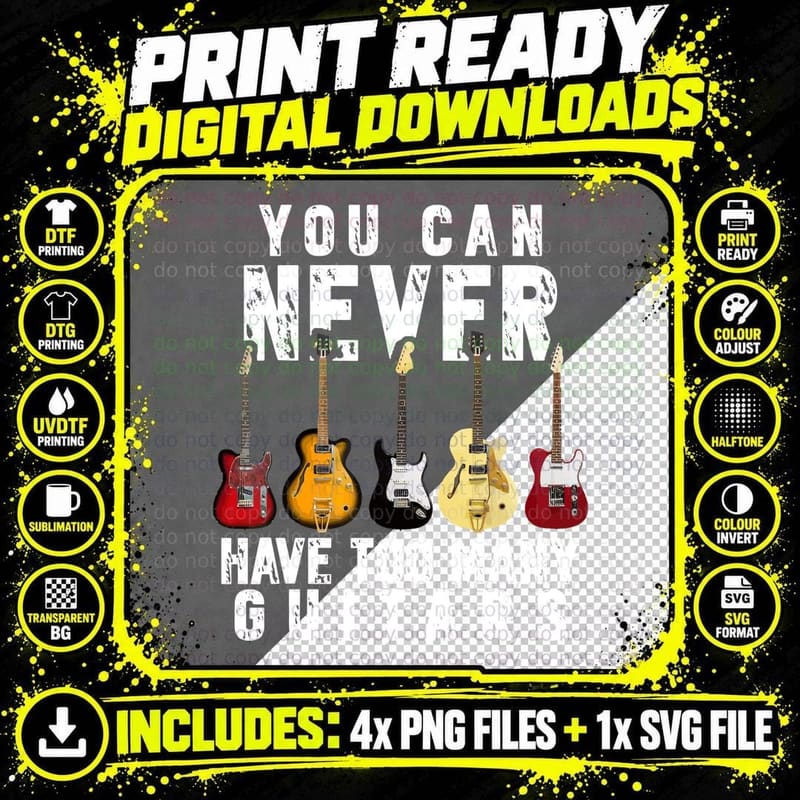 Guitar Tshirt, Bass, Electric, Never Have Too Many Png SVG Digital Bundle