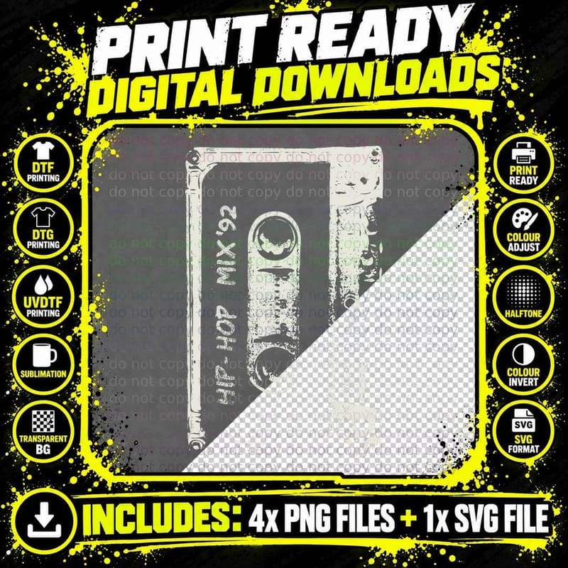 Hip Hop Rap Mixtape Cassette DJ Retro 90s T-Shirt Png SVG Digital Bundle