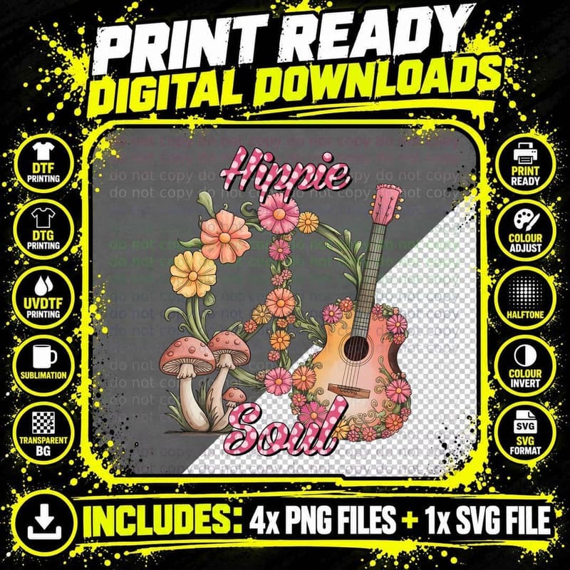 Hippie Soul Boho Floral Quote T-Shirt Png SVG Digital Bundle