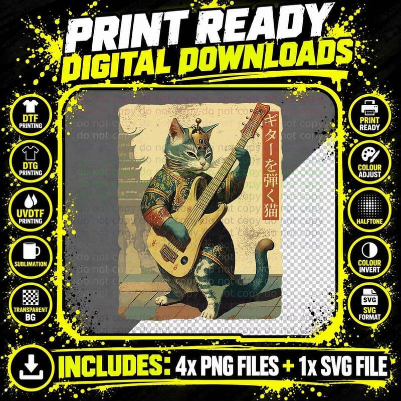 Japanese Cat Princess Playing the Electric Guitar Png SVG Digital Bundle
