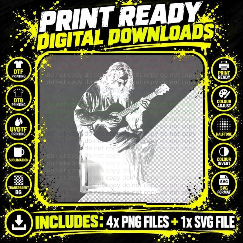 Jesus Playing Acoustic Guitar Vintage Guitarist Music Png SVG Digital Bundle