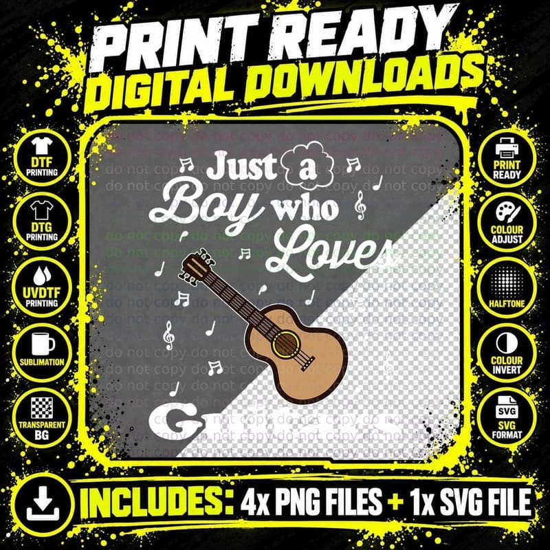 Just a Boy Who Loves Guitars, Guitar Lovers, Music Fan Png SVG Digital Bundle