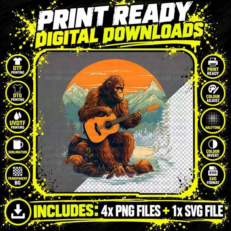 Lake Mountain Acoustic Guitar Orangutan T-Shirt Png SVG Digital Bundle