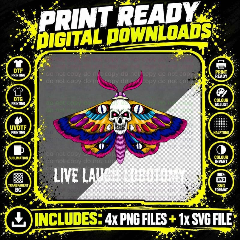 Live Laugh Lobotomy Moth Tattoo Funny Loathe Goth Grunge Png SVG Digital Bundle