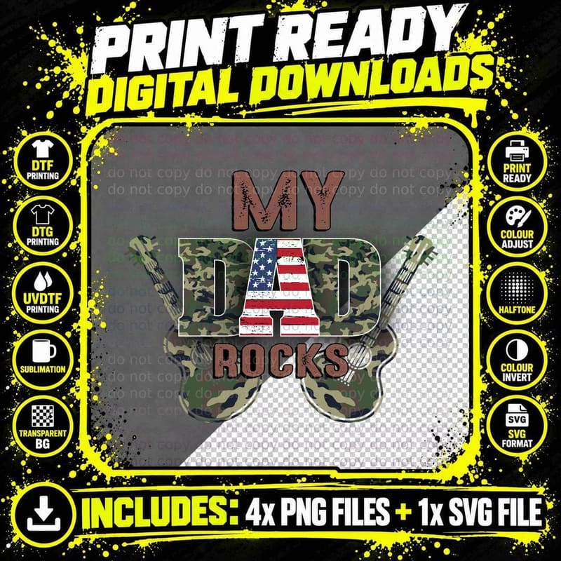 My Dad Rocks Fathers Day T-Shirt, Camo Guitar with Flag Png SVG Digital Bundle