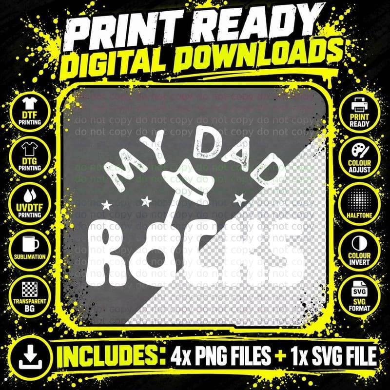 My Dad Rocks Fathers Day T-Shirt, Guitar with Hat on Png SVG Digital Bundle