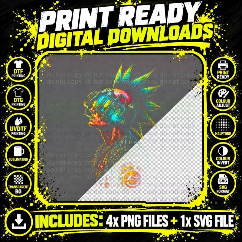 Neon Punk Cyberpunk T-Shirt, Halftone Multicolor Tech Png SVG Digital Bundle
