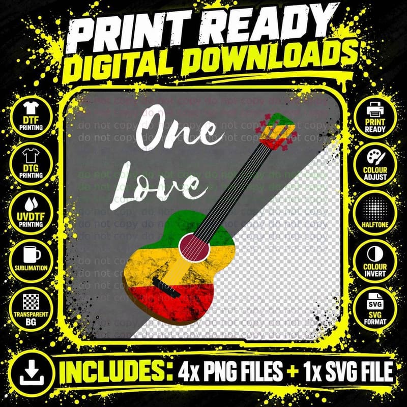 One Pride Love Reggae Guitar Rastafari Roots Rasta Png SVG Digital Bundle