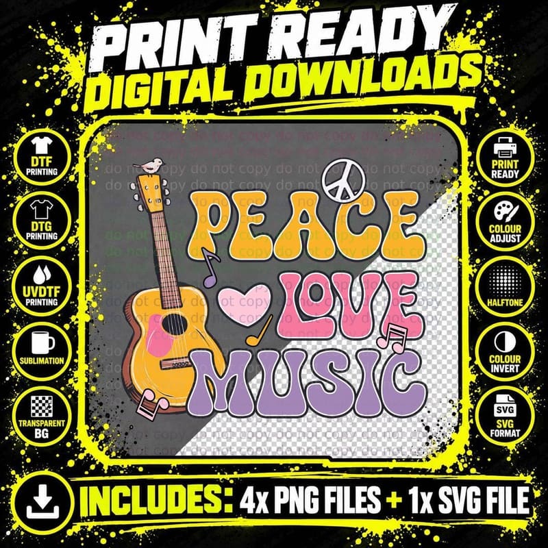 Peace Love Music Hippie T-Shirt, Guitar Bird Peace Love Png SVG Digital Bundle