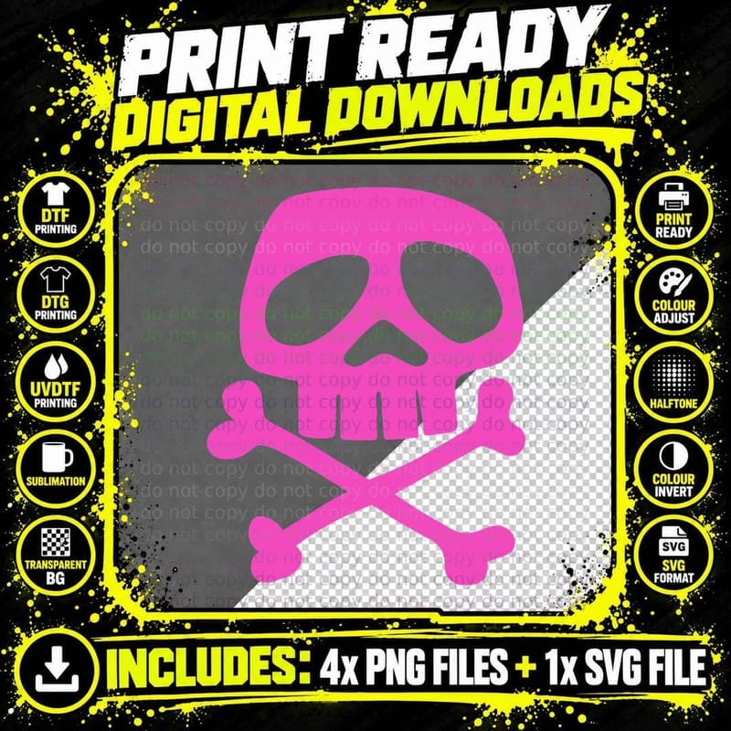 Pink Punk Rock Skull and Bones - 1980's Punk Rock Misfit Png SVG Digital Bundle