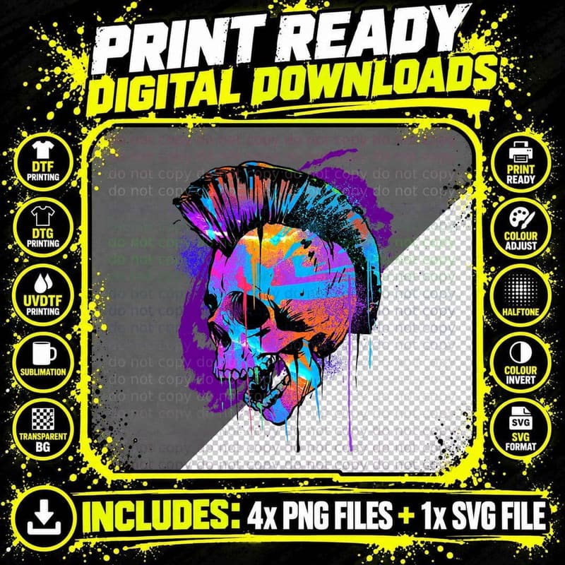 Pop Art Mohawk Skull Punk Rock Band Heavy Metal Rocker Png SVG Digital Bundle