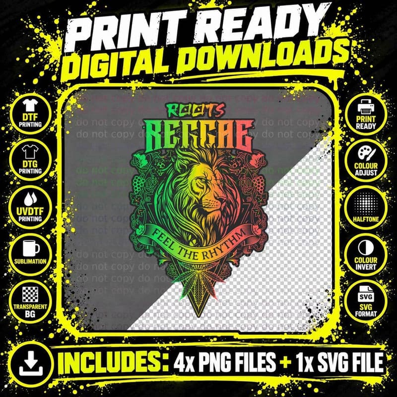 Reggae - Feel the Rhythm T-Shirt, Rasta Lion Print Png SVG Digital Bundle