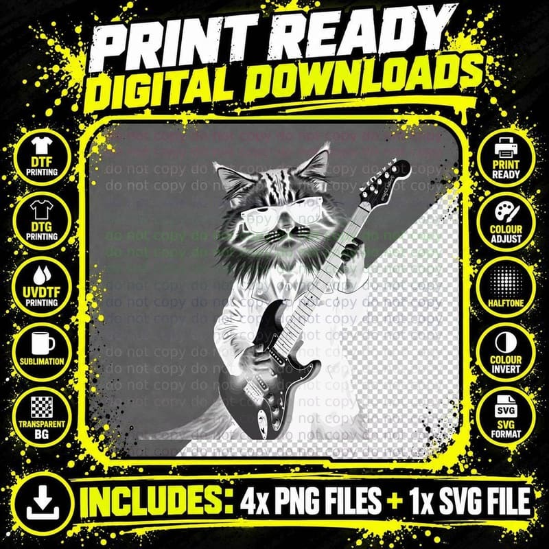 Rock Cat Shirt, Playing Guitar, Cat Gifts for Him Her Png SVG Digital Bundle