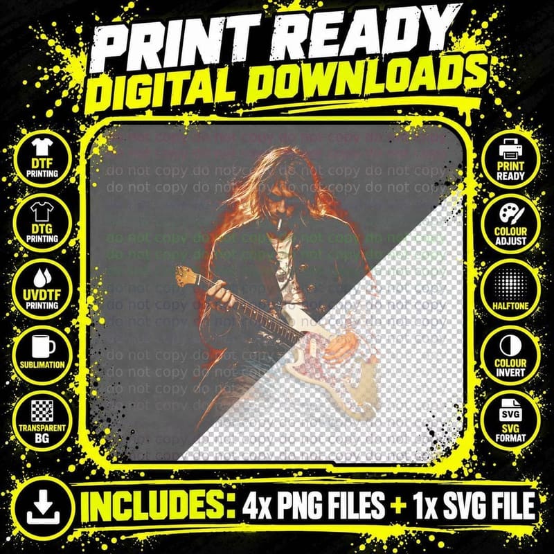 Rock Guitarist Halftone T-Shirt, Music Icon, Guitar Tee Png SVG Digital Bundle