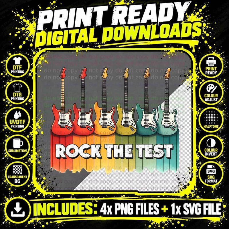 Rock the Test T-Shirt, Rainbow Guitars on Wood Graphic Png SVG Digital Bundle