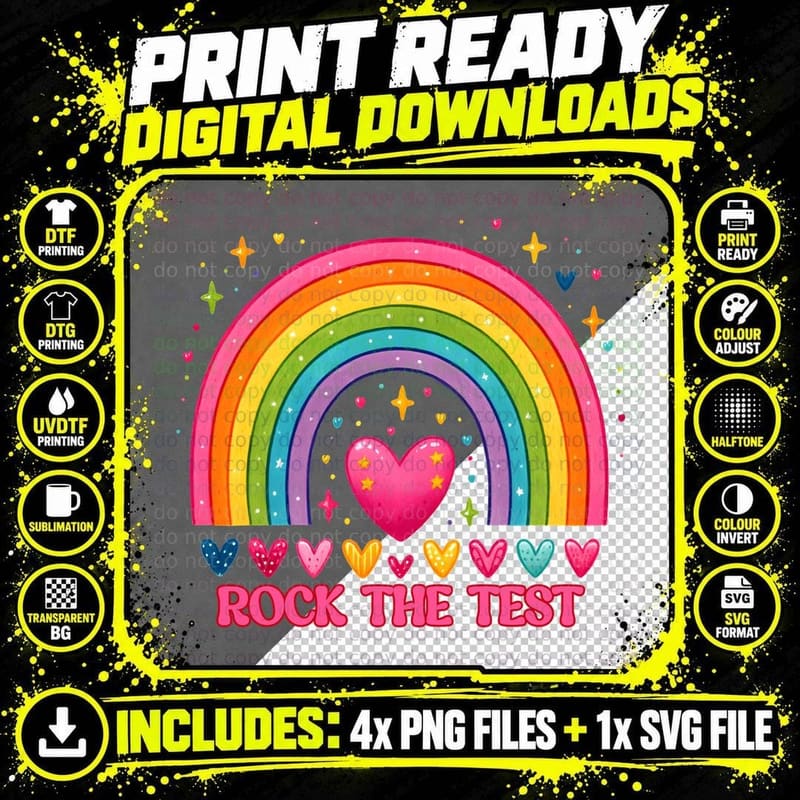 Rock the Test T-Shirt, Rainbow Hearts Stars Graphic Tee Png SVG Digital Bundle