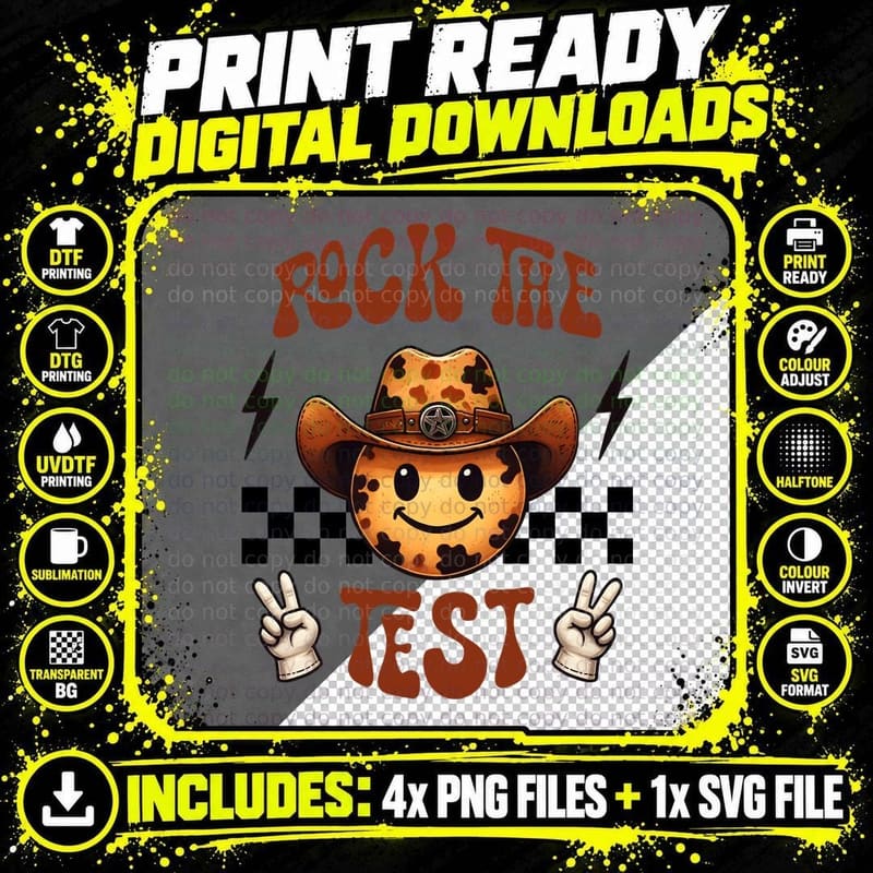 Rock the Test T-Shirt, Smiley Cowboy Peace Sign Graphic Png SVG Digital Bundle