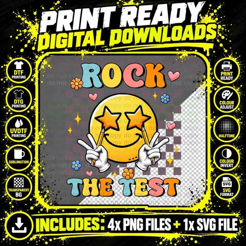 Rock the Test T-Shirt, Smiley Face Holding Pencils with Png SVG Digital Bundle